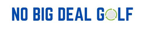 Logo for 'No Big Deal Golf' with blue text and a golf ball icon on a white background